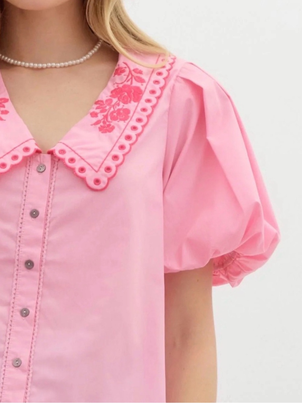 New Entro Pink Embroidered Peter Pan Collar Puff Sleeve Top